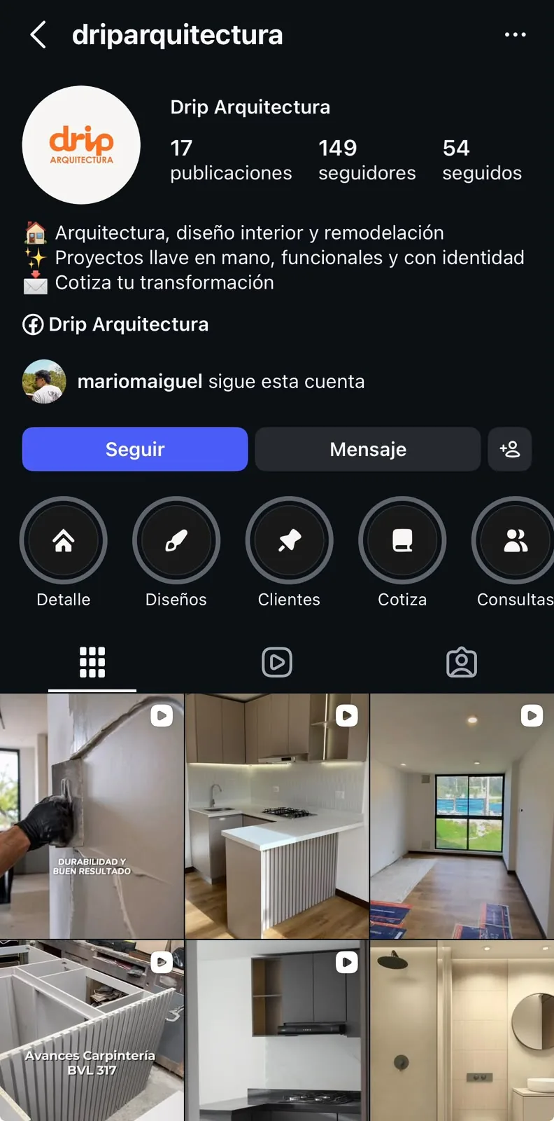 Captura del perfil de Instagram de Drip Arquitectura