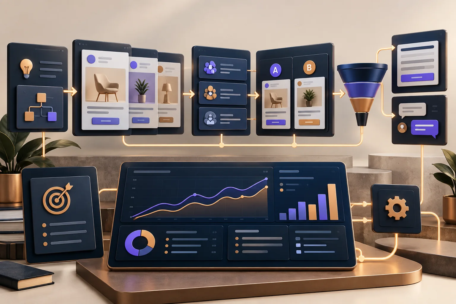 Sistema de campañas digitales con creativos, audiencias, pruebas, conversiones y optimización